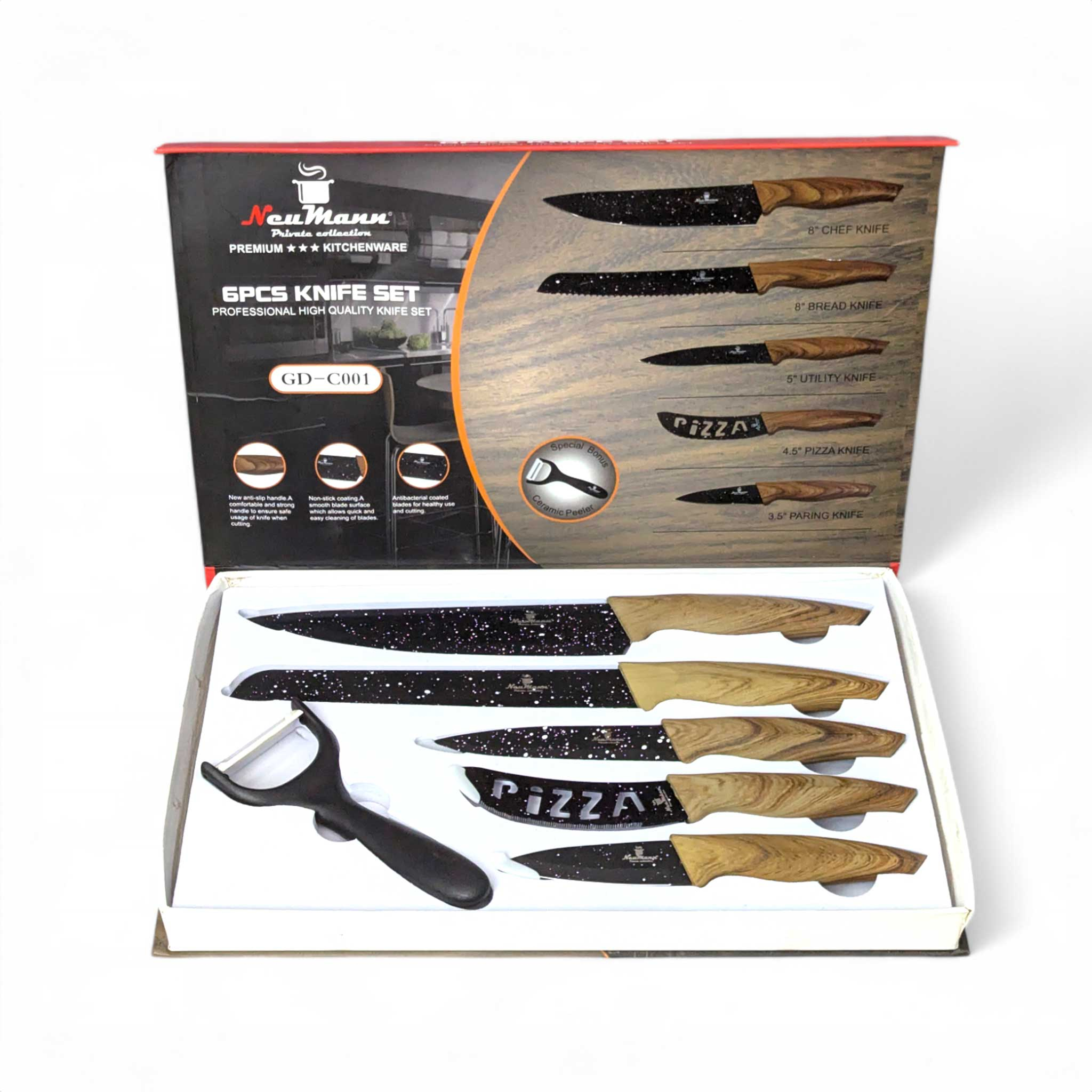 Neumann 6 Pieces Knife Set | High Quality Knife Set Non-Stick Coating | কালো সিরামিক কোটিং ছুরি সেট এর সাথে knife sharpener(ফ্রি)